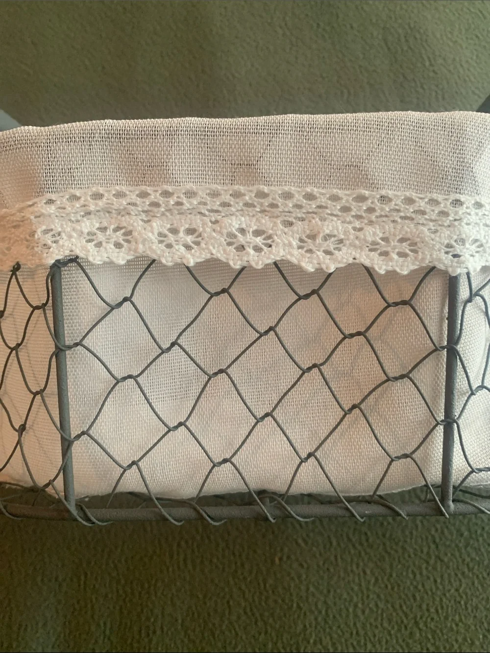 Cute gray & cream wire basket w/ wooden handles & lace details. 12” x 8” x 4.75”